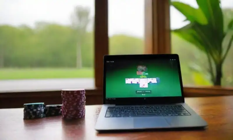 Una laptop elegante abierta sobre una mesa de madera, con luz natural suave, muestra un sitio de apuestas en línea, mientras una mano presiona una tecla y hay un vaso de agua y fichas de póker cerca
