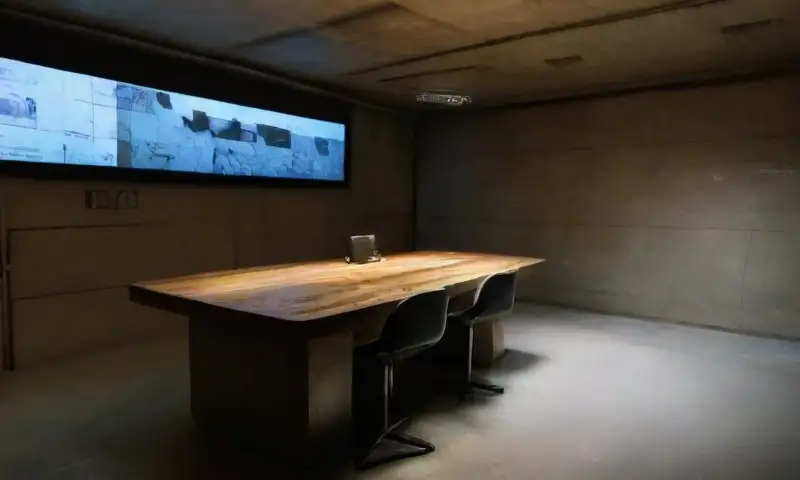 Un búnker subterráneo mal iluminado y desordenado, con paredes de concreto, equipo disperso, monitores azules, mapas y una sensación de caos organizado
