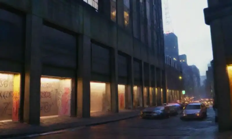Un bullicioso paisaje urbano con luces de neón, coches elegantes, una entrada a un búnker mal iluminada y un ambiente dinámico de actividad y contrastes