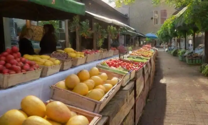 Un mercado de agricultores vibrante y soleado, lleno de productos frescos, con gente alegre y un ambiente comunitario acogedor