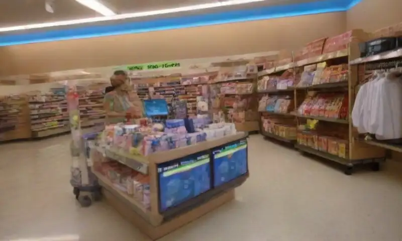 Un Walmart lleno de compradores en pasillos ordenados y bien iluminados, con productos coloridos, detalles en la decoración y un ambiente animado