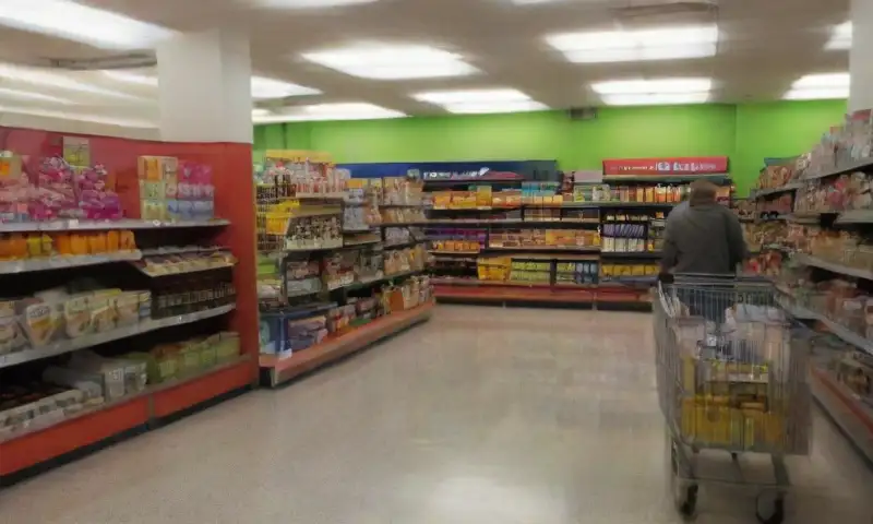 Interior de un Walmart iluminado con suelos pulidos, clientes diversos, carritos alineados y un área de cajas bulliciosa