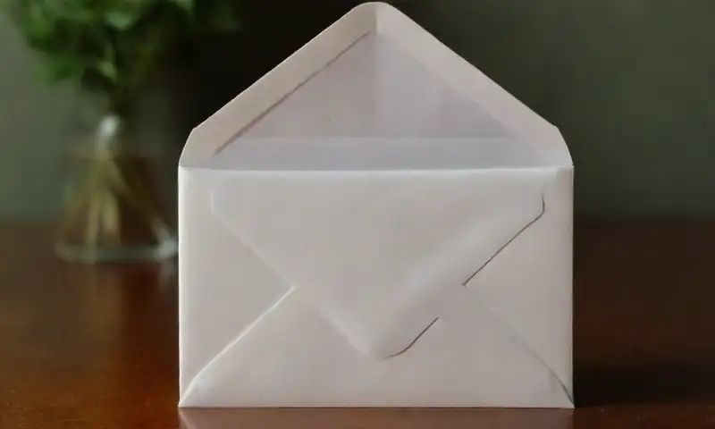 Un elegante sobre blanco descansa en un escritorio de caoba pulido, acompañado de una carta manuscrita, lavanda fresca y una taza de café humeante, creando una atmósfera de reflexión tranquila